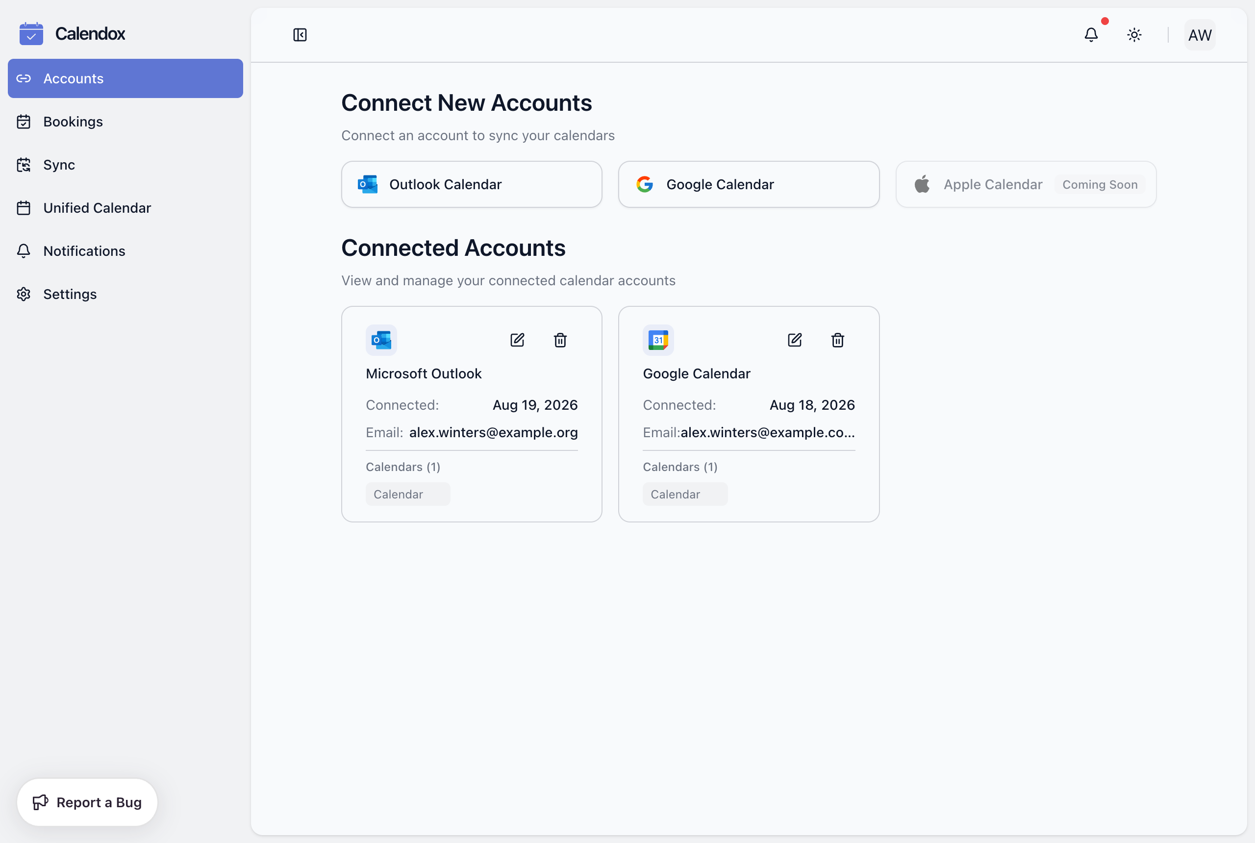 Accounts page showing provider connect options