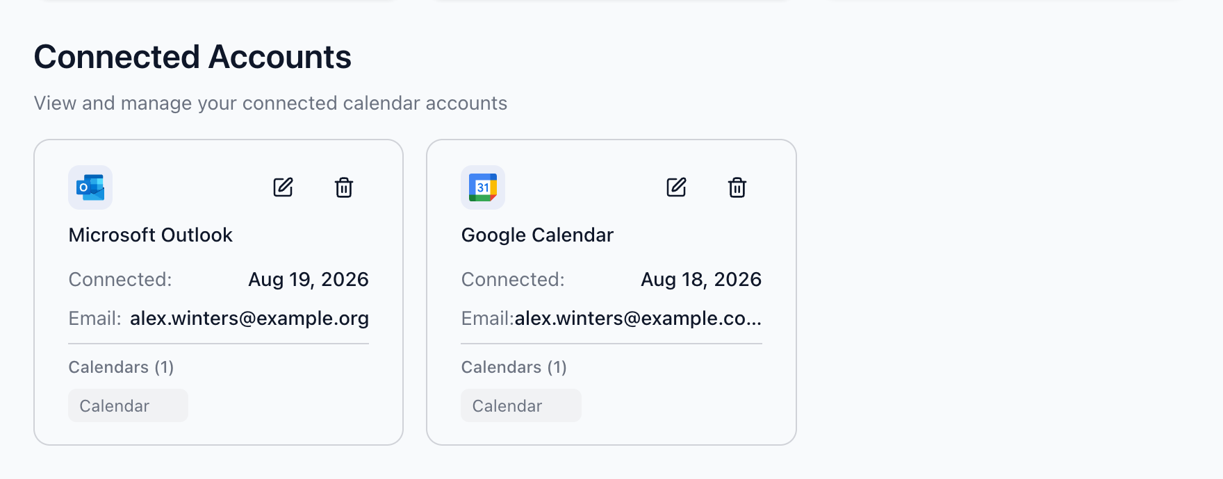 Accounts page with imported calendars