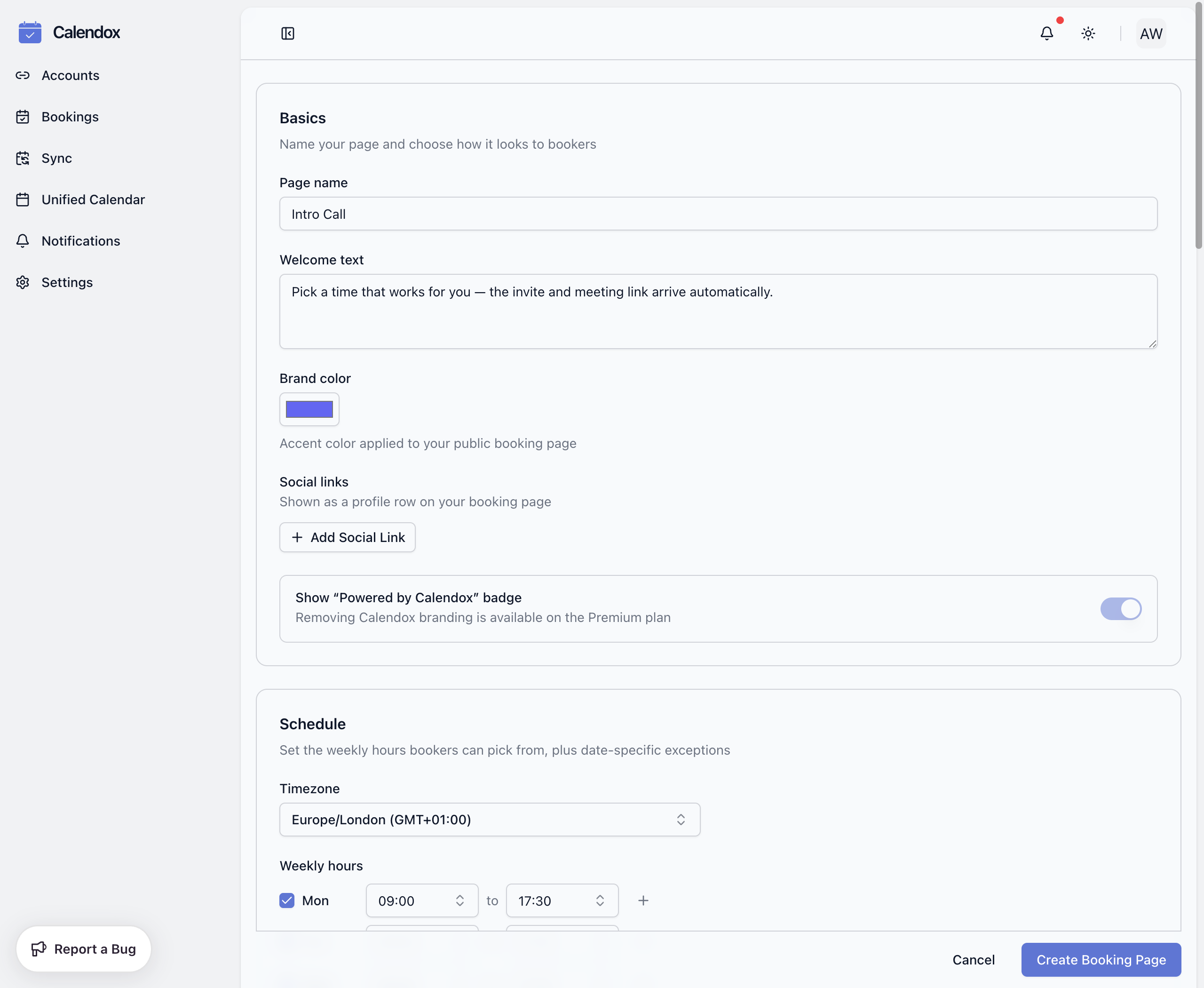 The booking page editor showing the Basics and Schedule sections