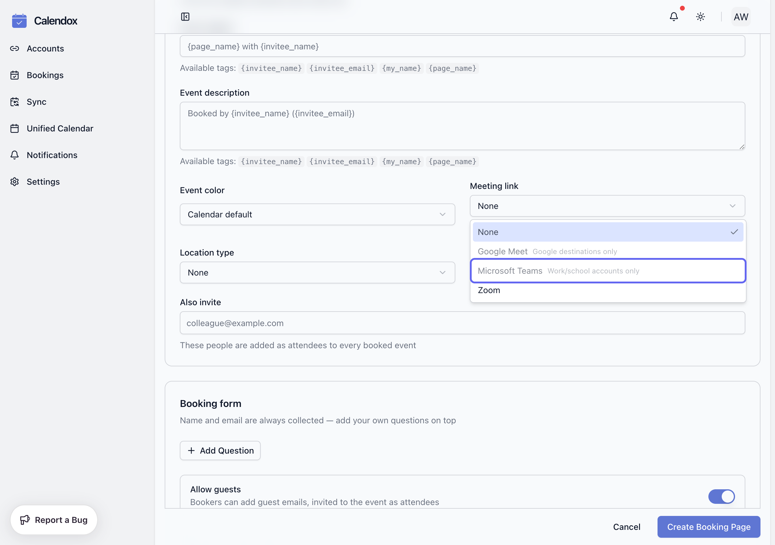 The Meeting link dropdown with Microsoft Teams disabled for a personal Microsoft destination