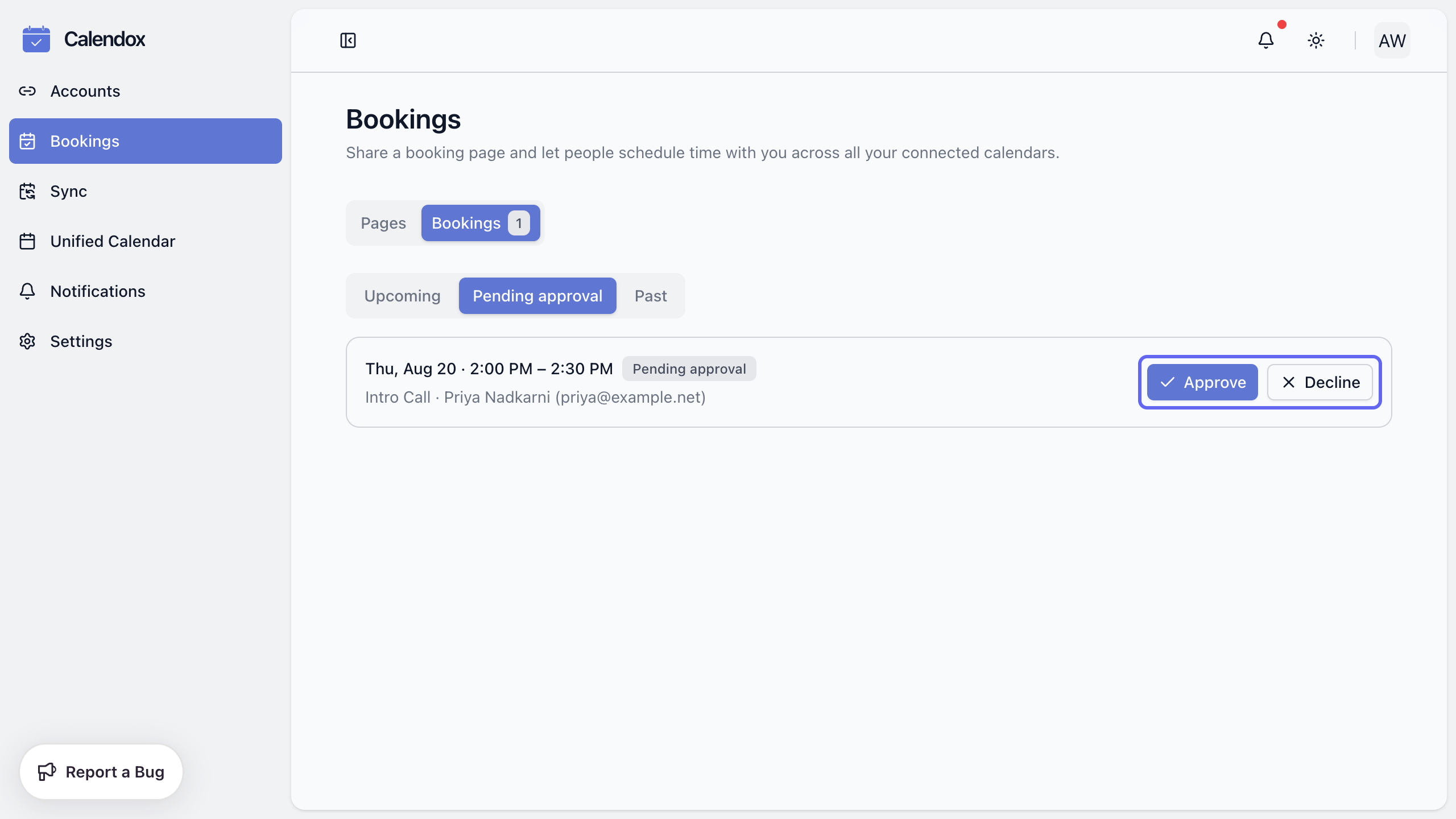 The Bookings tab with a pending request and its Approve and Decline actions highlighted