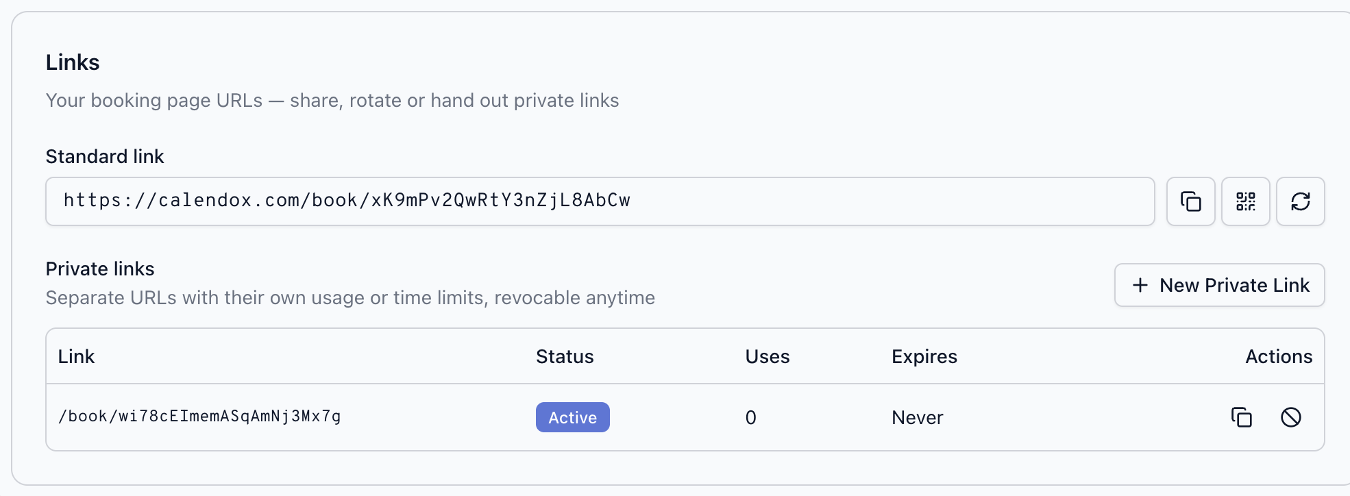 The Links section with the standard link and an active private link with usage and expiry controls
