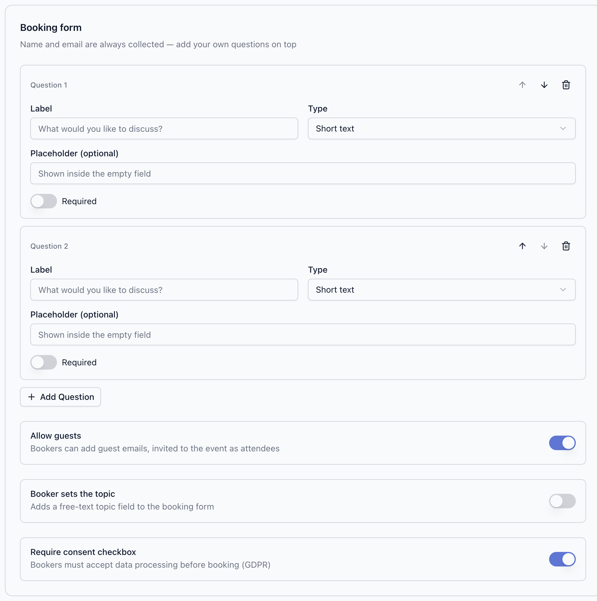 The Booking form section of the editor with custom questions, reorder controls, and the Required toggle