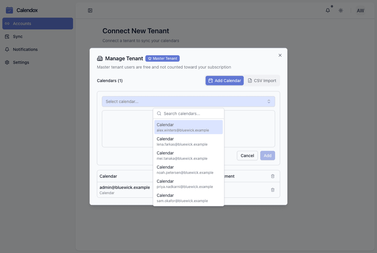 The Manage Tenant dialog for a Master tenant, with the Add Calendar and CSV Import controls and a calendar picker listing the organization's mailboxes