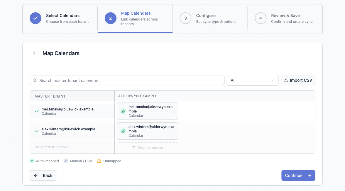 The Map Calendars step of the enterprise sync wizard, showing master tenant calendars paired with their secondary tenant counterparts and the Auto-mapped, Manual/CSV and Unmapped legend