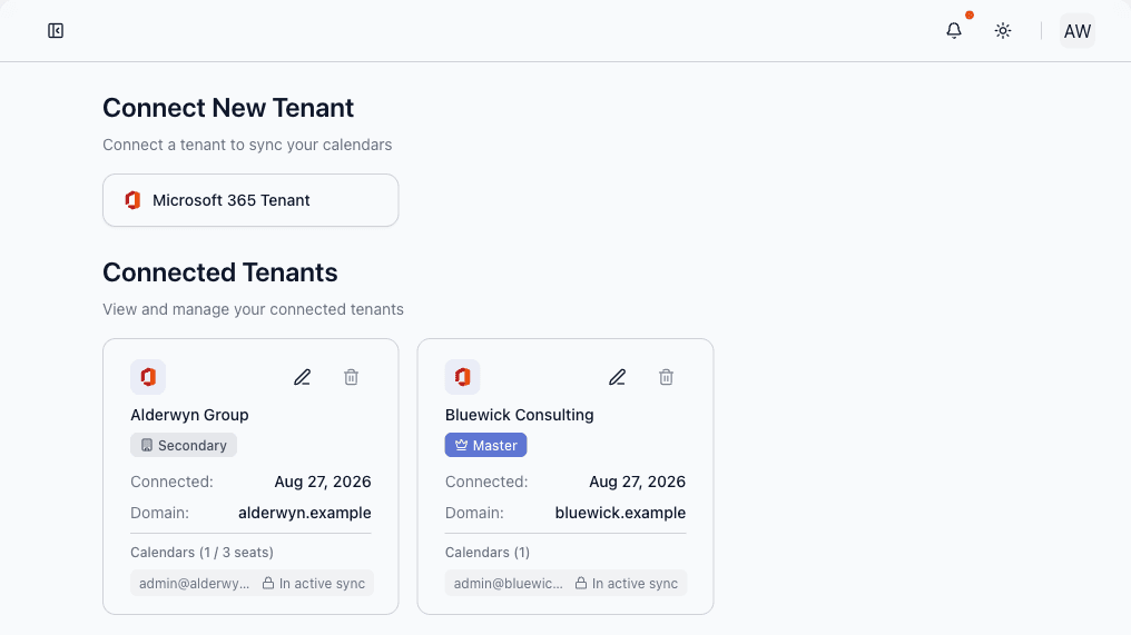 The Connected Tenants view on the Accounts page showing a Master tenant and a Secondary tenant, each with its Microsoft 365 icon, organization name, role badge, connected date, domain, and calendar-seat count