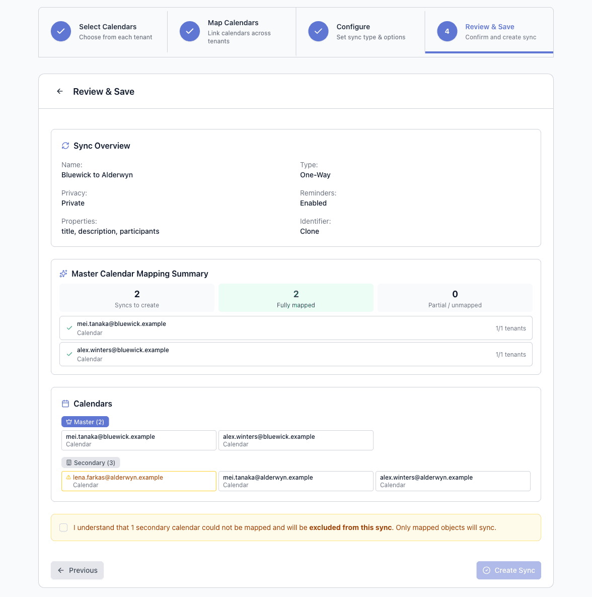 The Review and Save step of the enterprise sync wizard, showing the sync overview, a mapping summary of syncs to create and fully mapped pairs, the master and secondary calendar lists, and a notice that one unmapped secondary calendar is excluded