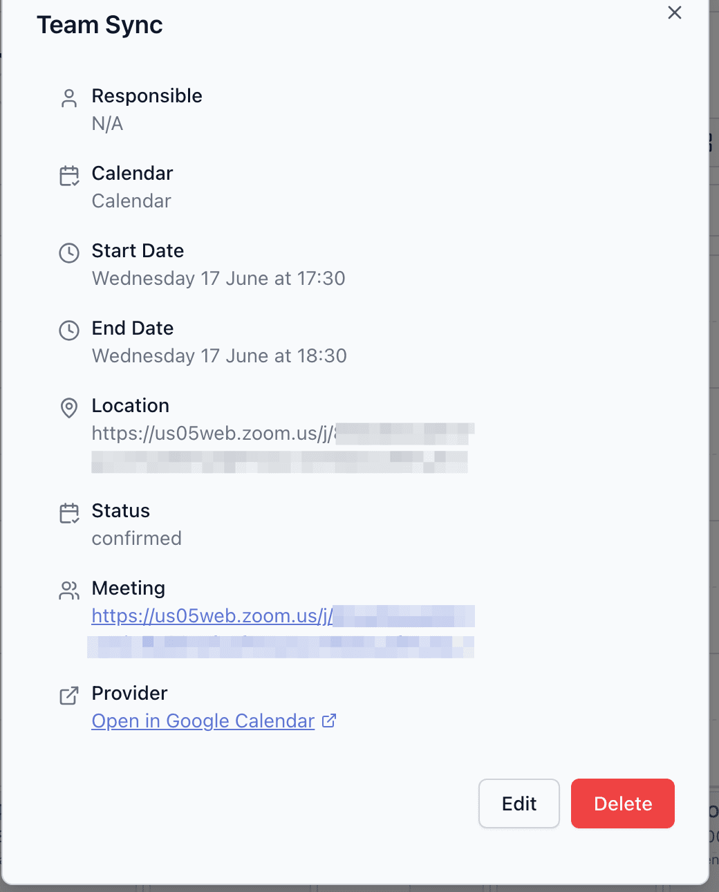 Event detail showing the generated Zoom meeting join link