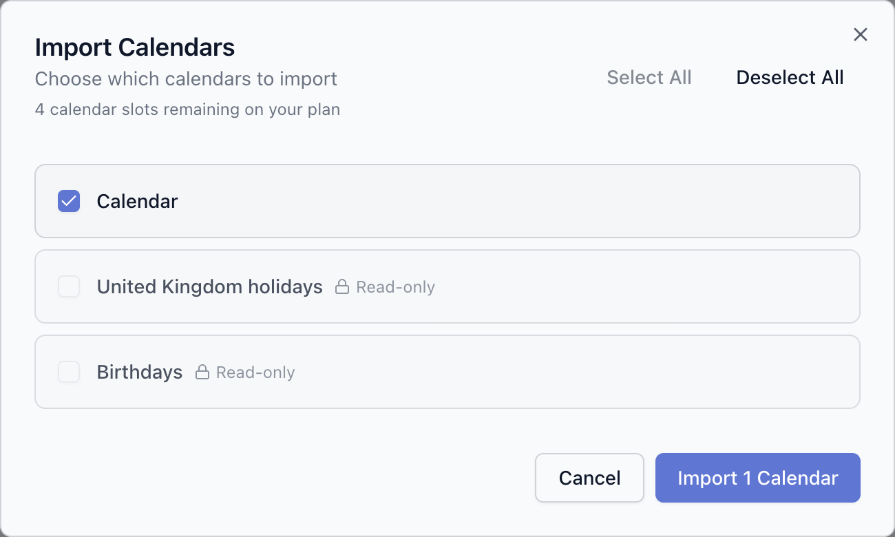 The Import Calendars dialog with a selectable calendar and read-only calendars locked