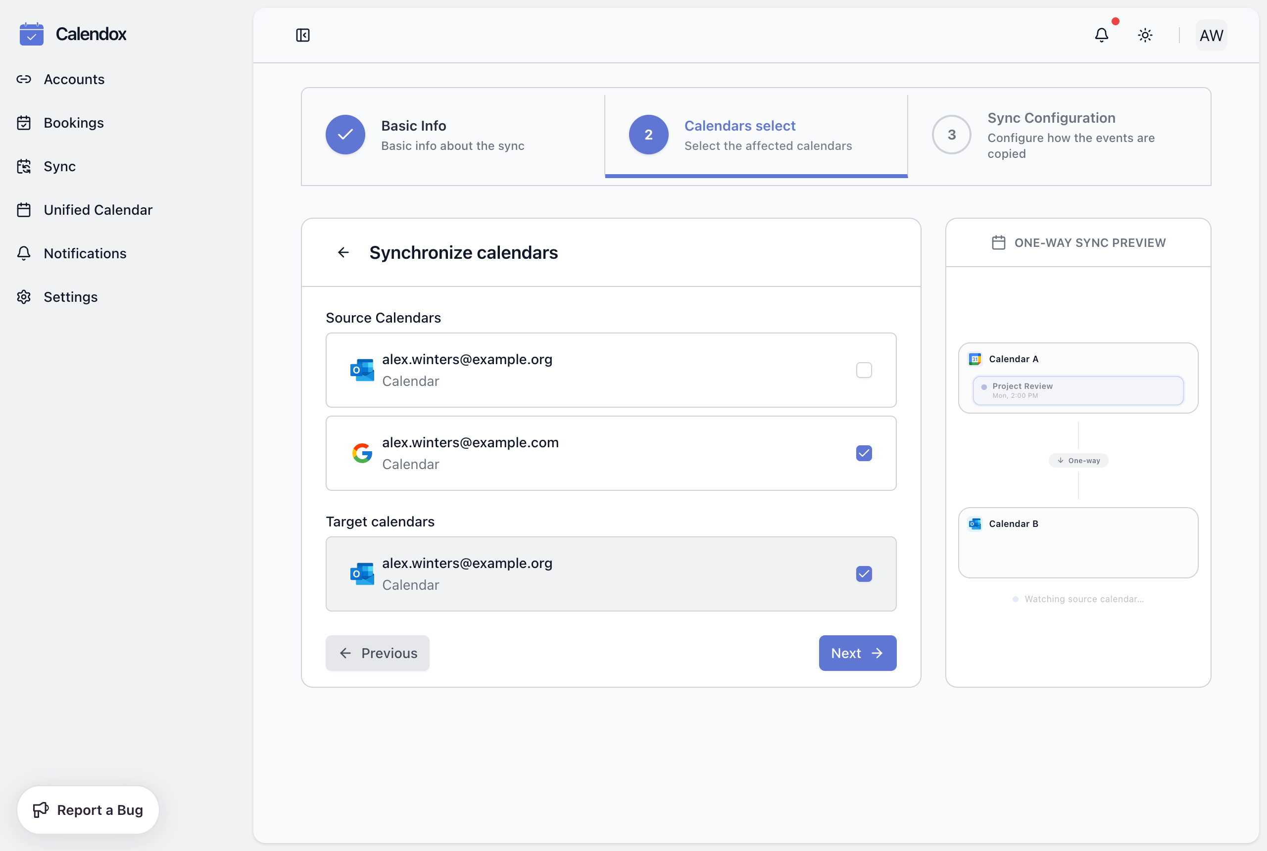 Create sync — Step 2: select calendars