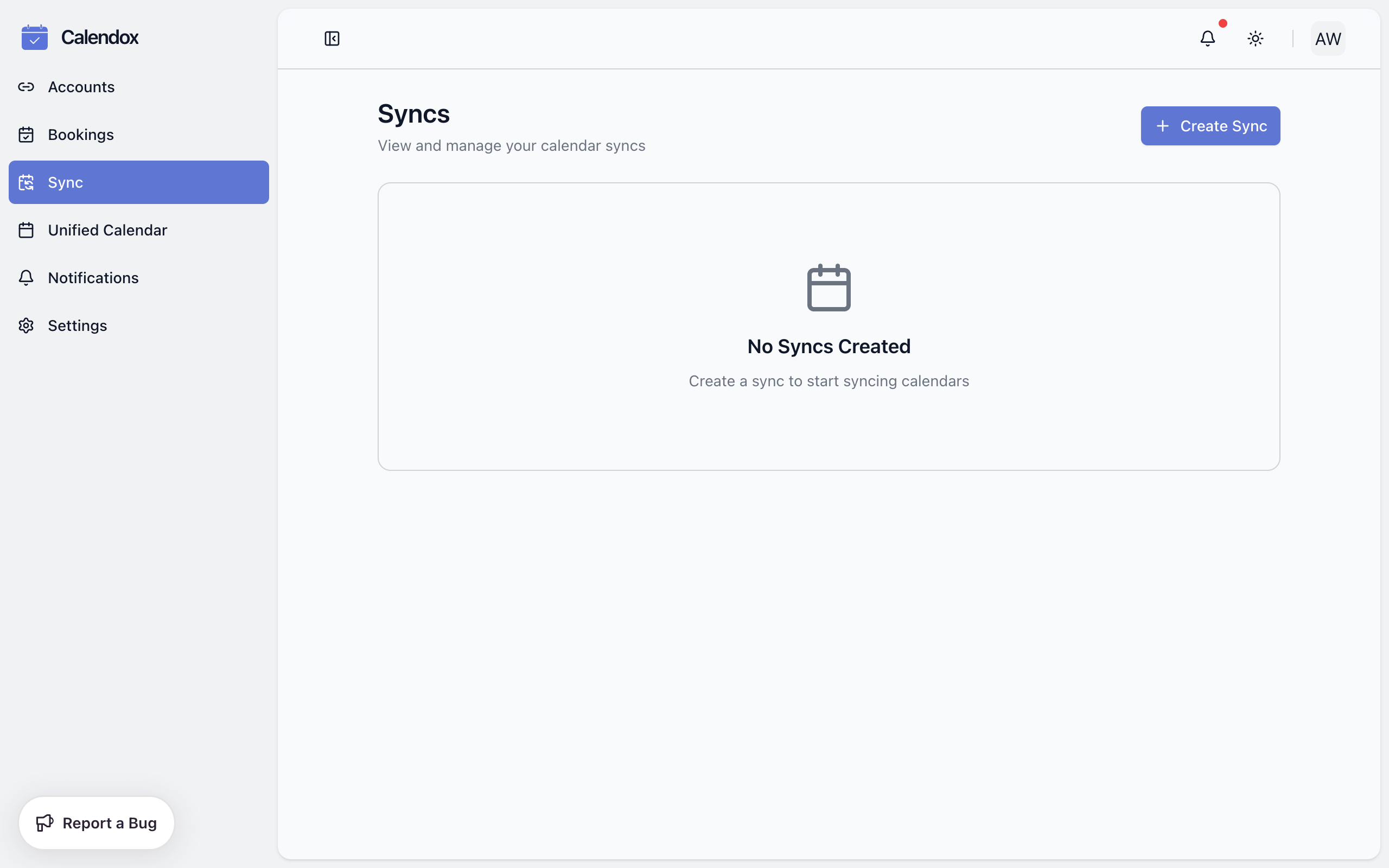 Sync page with no syncs created yet