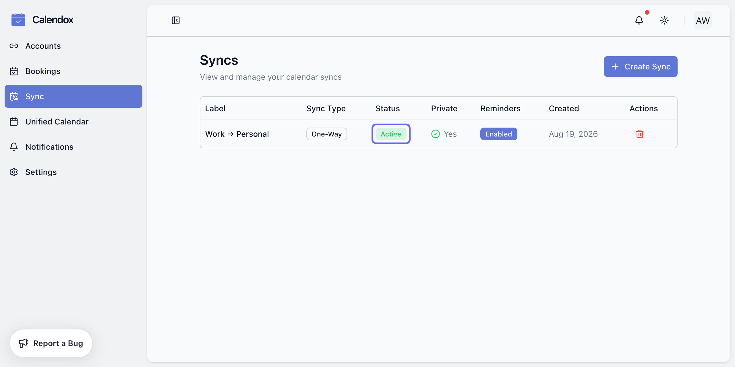 The sync list showing a one-way sync with the Active status badge highlighted