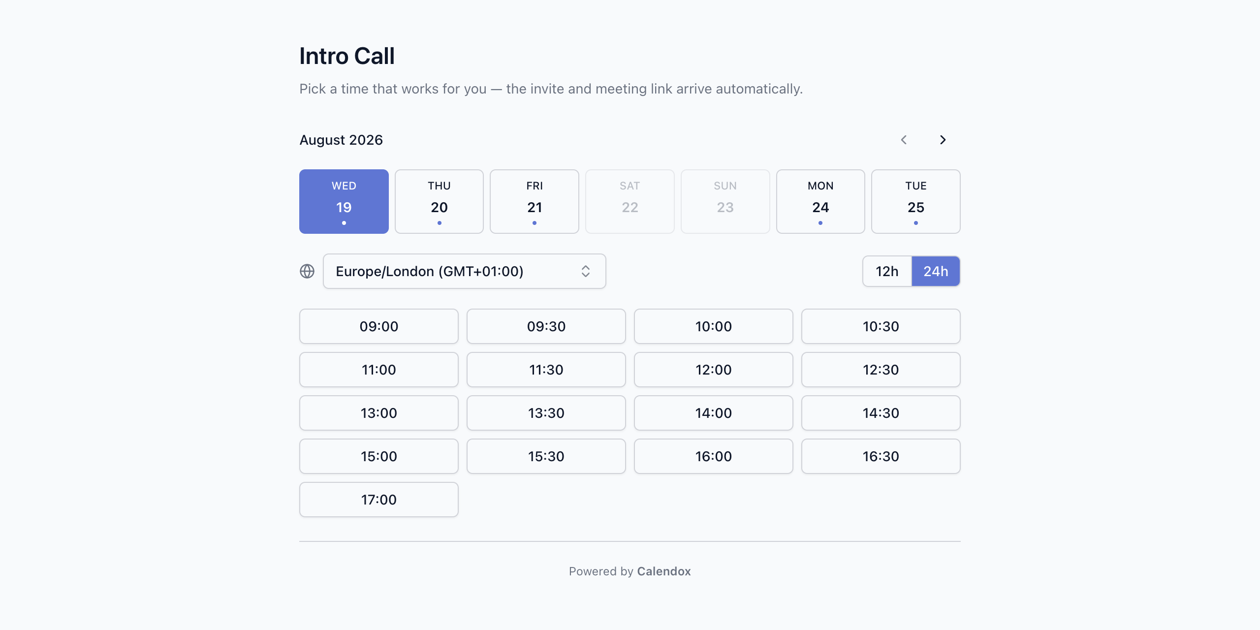 A public Calendox booking page with available time slots