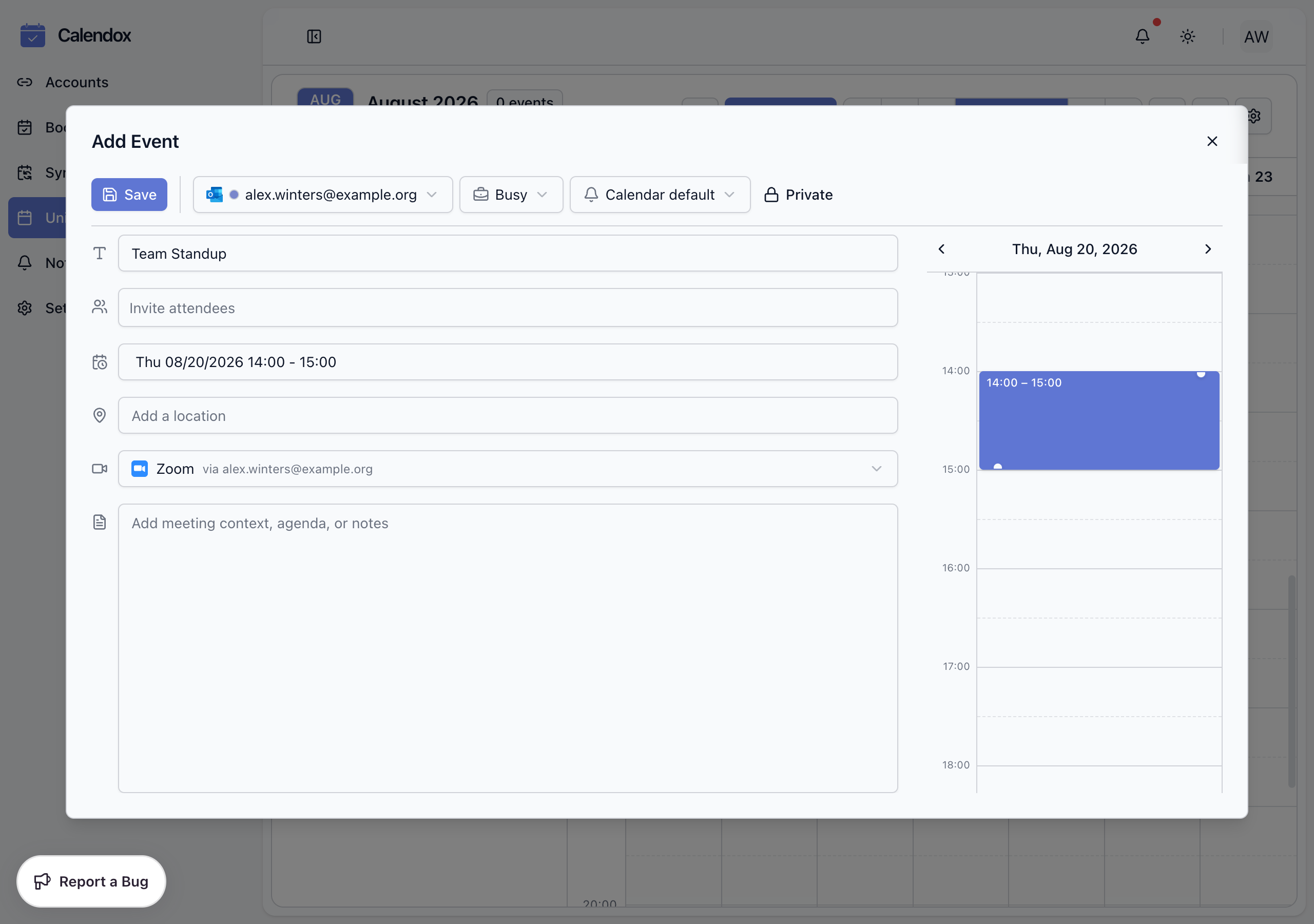 Add Event form with Title, Calendar, and Meeting fields