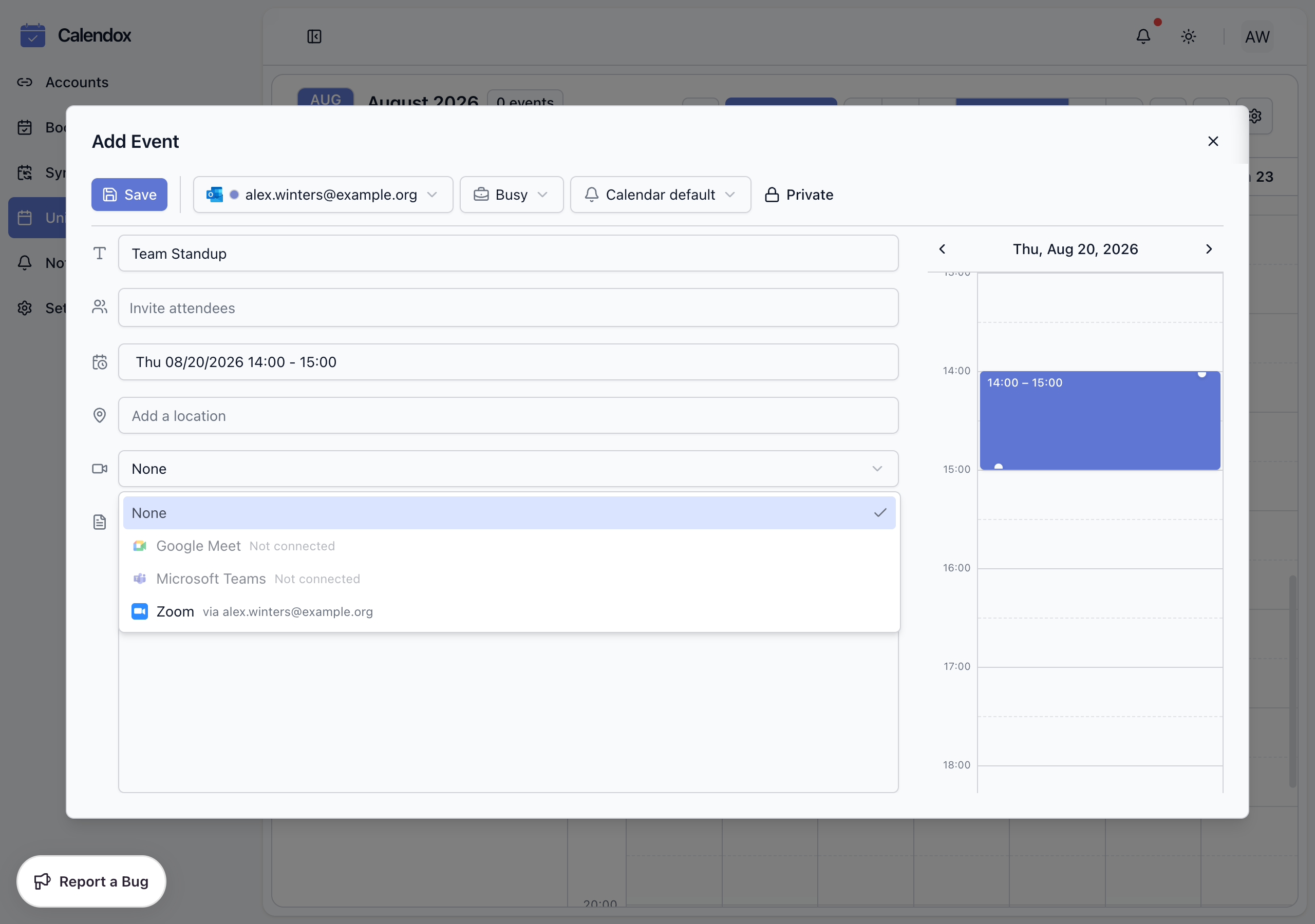 Meeting provider dropdown showing None, Google Meet, Microsoft Teams (Not connected), and Zoom selected