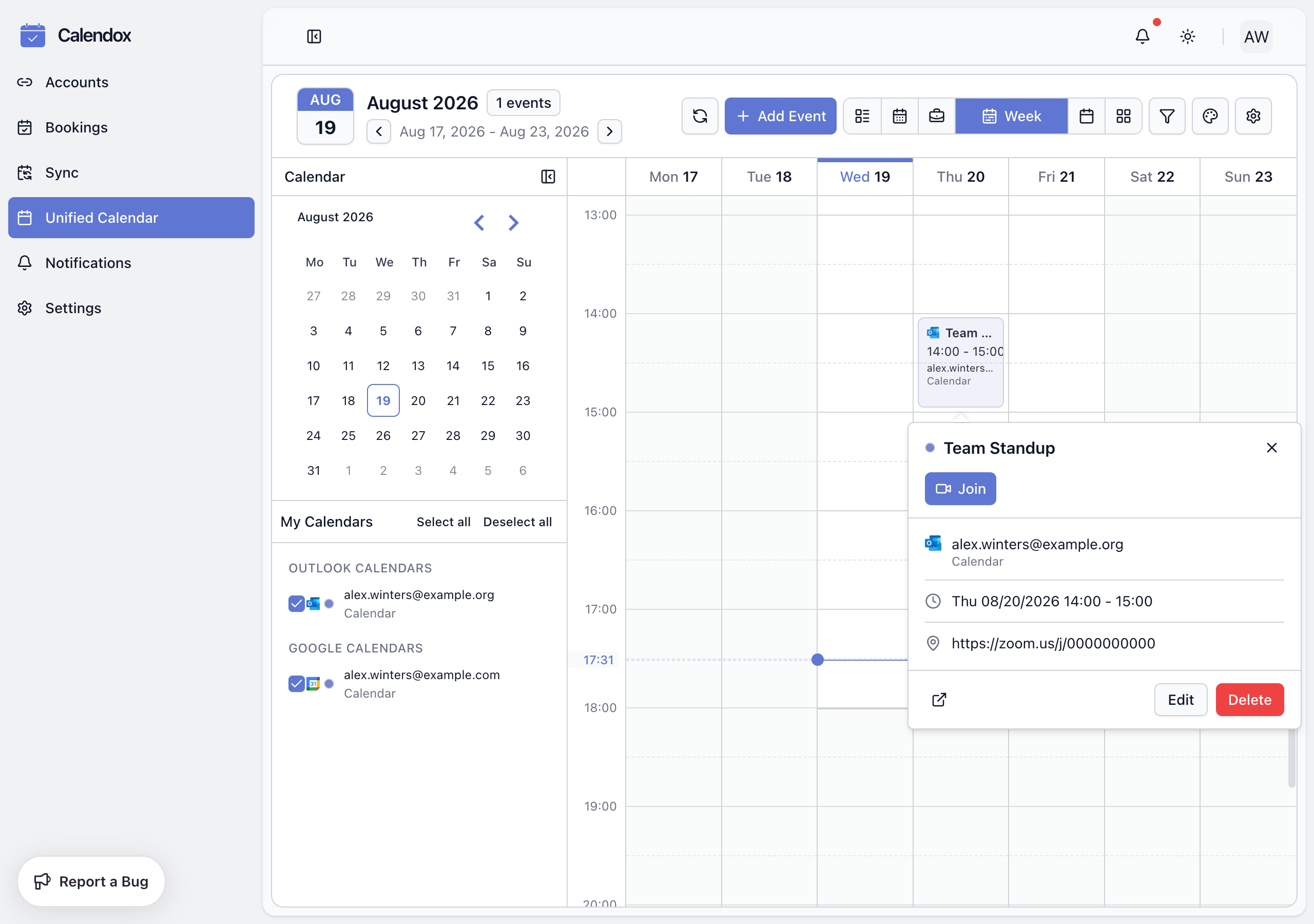 Event detail showing the generated Zoom meeting join link