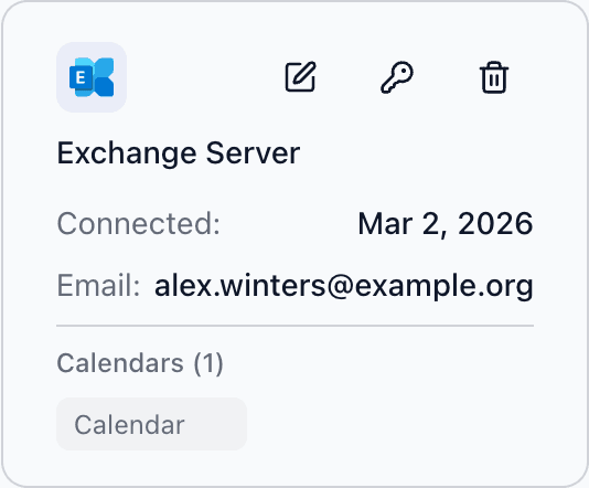 The connected Exchange Server account card with its imported calendar