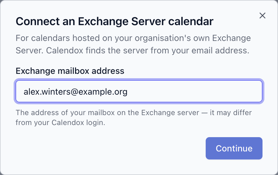 The Connect an Exchange Server calendar dialog asking for the Exchange mailbox address