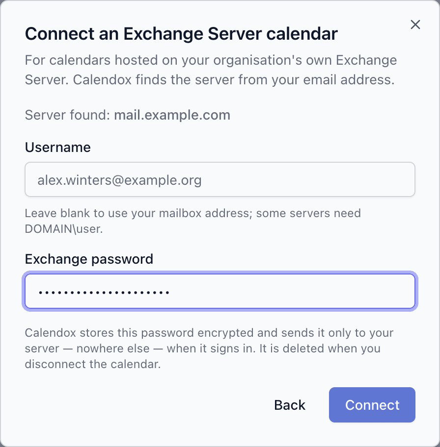 The dialog showing the server found, the Username field and the Exchange password field