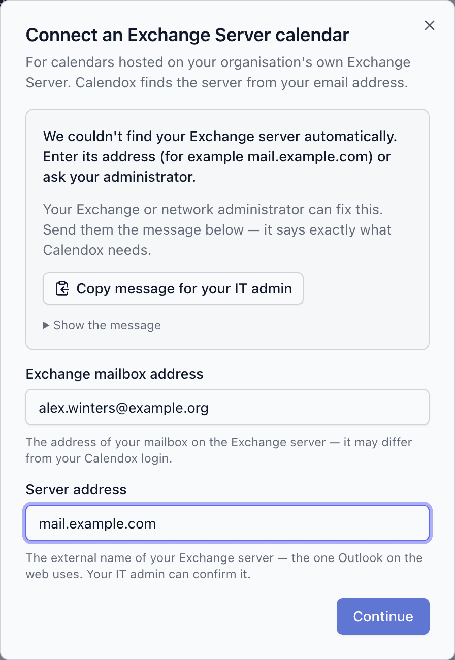 The dialog after the server was not found automatically, with the Server address field filled in