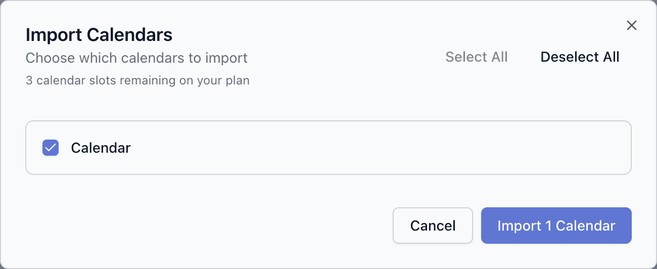 The Import Calendars dialog listing the Exchange mailbox's Calendar, selected, with the remaining calendar slots