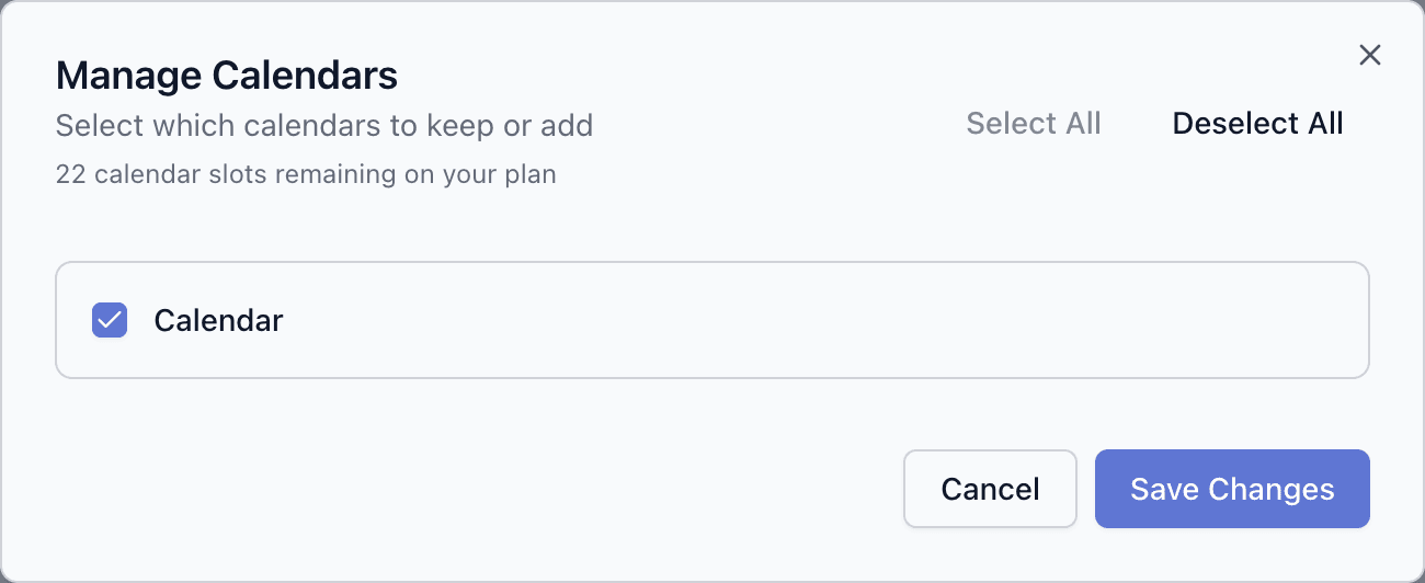 The Manage Calendars dialog for the connected Exchange account, listing its Calendar with the remaining slots