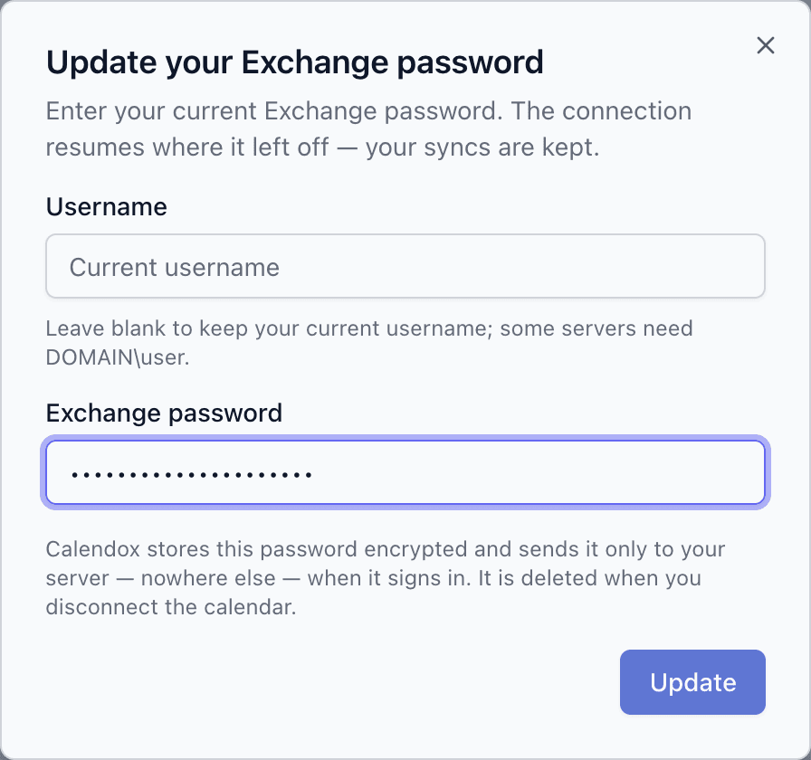 The Update your Exchange password dialog opened from the key icon on the account card