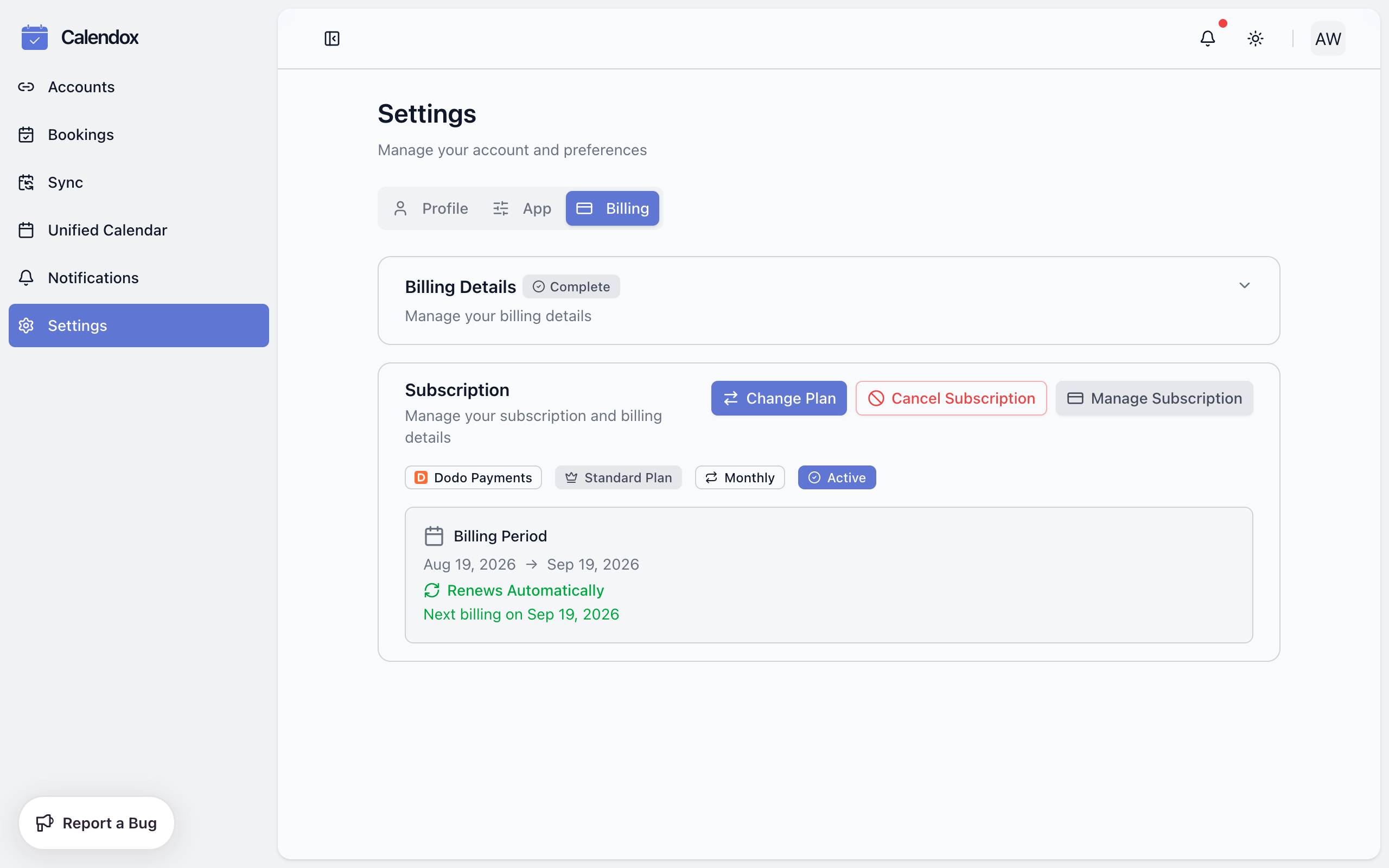 Settings Billing tab showing active subscription