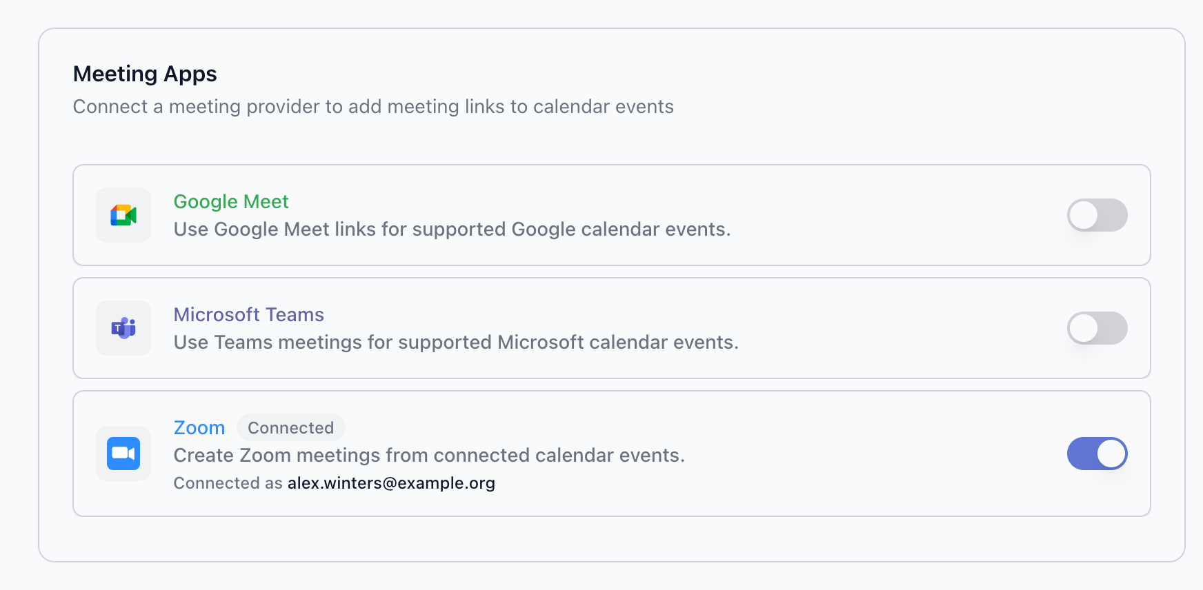 Settings App tab showing the Meeting Apps section with Google Meet, Teams, and Zoom