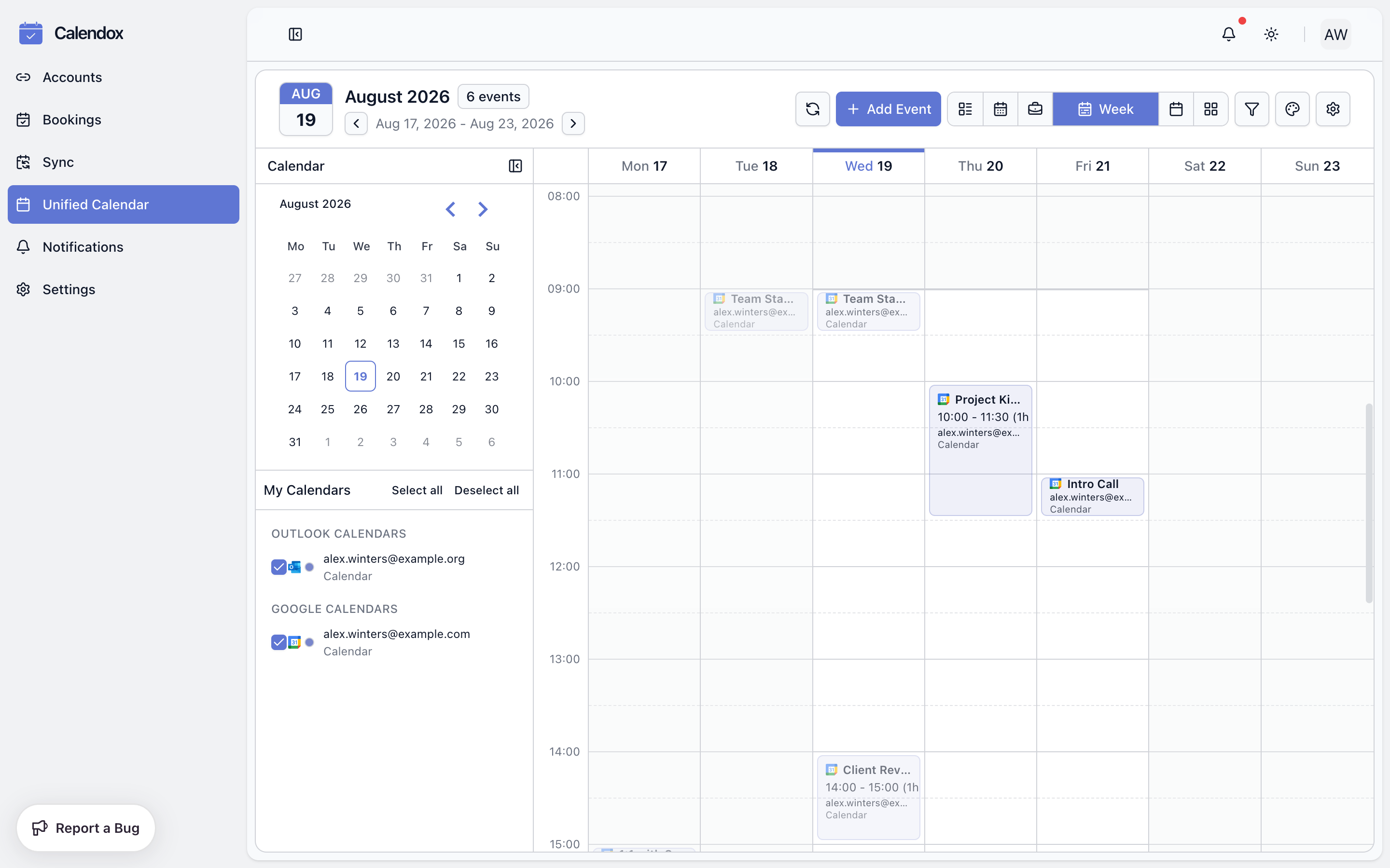 The Unified Calendar week view showing events from a connected Google calendar
